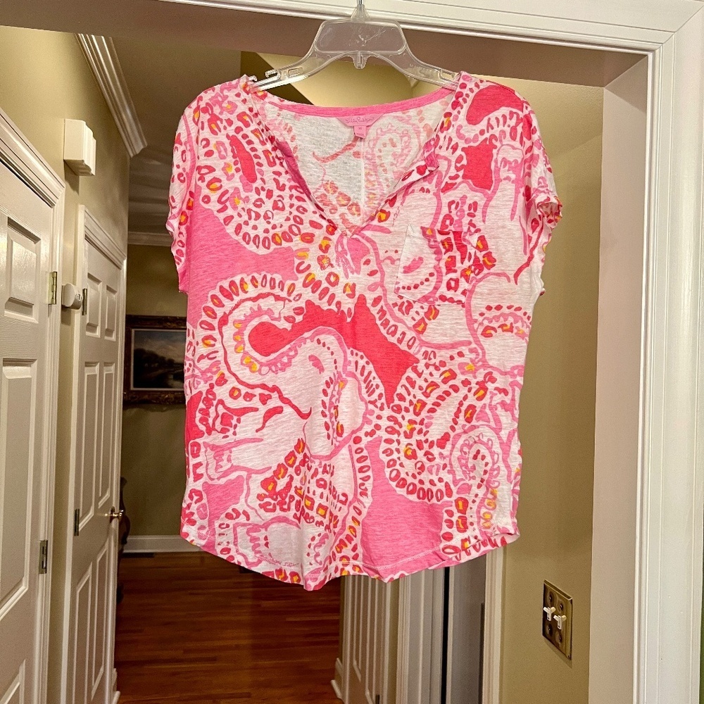 EEUC Lilly Pulitzer Duval Linen Knit Top Blouse Shirt Trunk in Love Size XS